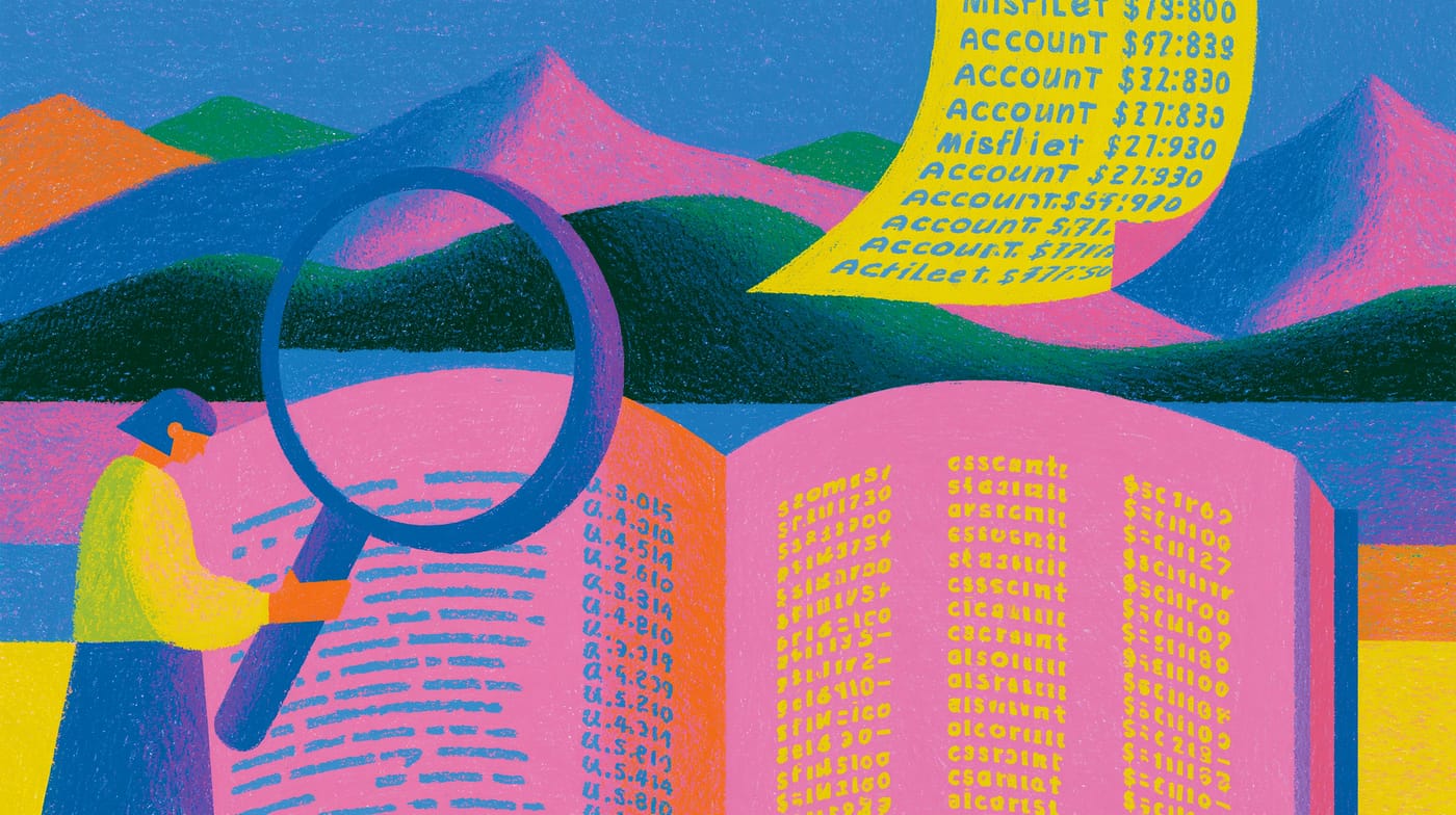 Ilustración: una figura revisa con lupa un libro de cuentas abierto del que sale un listado de saldos.