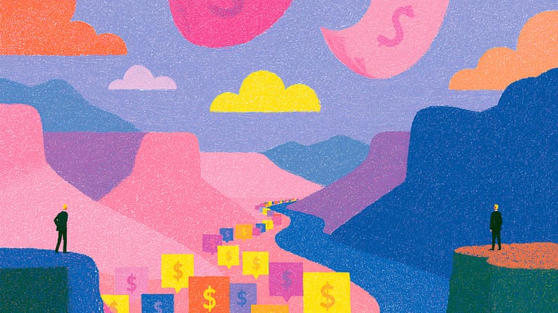 Ilustración: dos figuras en riscos opuestos sobre un valle con pilas de billetes y símbolos de peso en el cielo.