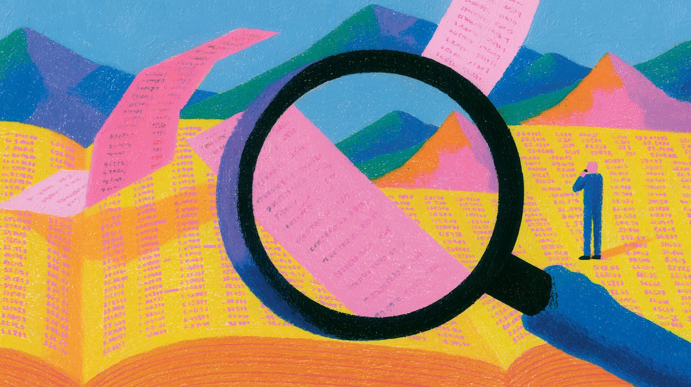 Ilustración: una lupa gigante sobre un campo de cifras impresas, con una figura pequeña al lado.