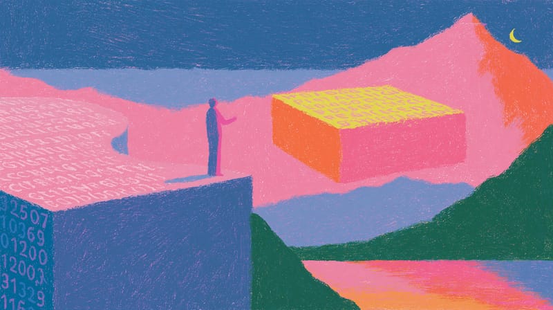 Ilustración: una figura sola en una cornisa frente a un bloque naranja, con cifras en el muro y la luna arriba.