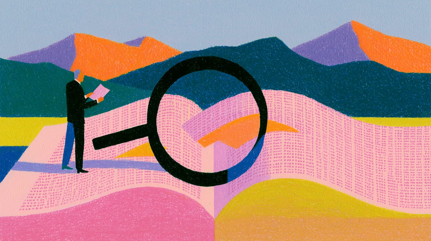 Ilustración: una figura sostiene una lupa enorme sobre un campo de cifras que cubre el valle.