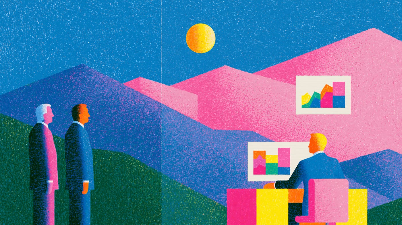 Ilustración: dos figuras observan de pie mientras una tercera trabaja frente a paneles con gráficas.