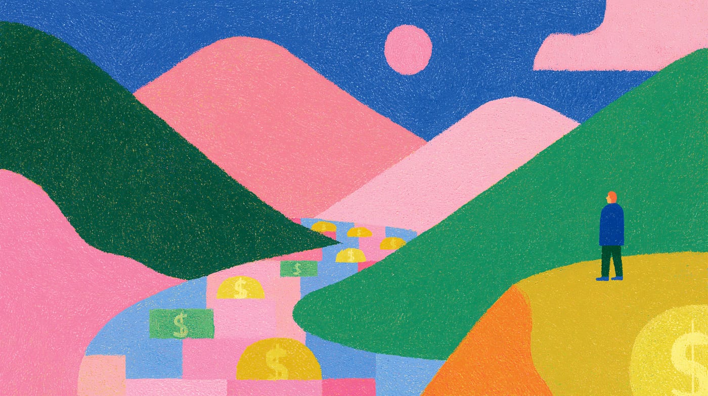 Ilustración: una figura en una cima mira un valle con billetes y monedas, con el sol sobre las montañas.