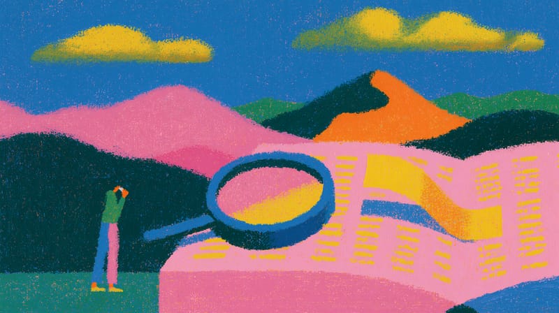 Ilustración: una figura recorre con una lupa un libro de cuentas abierto que cubre el valle.