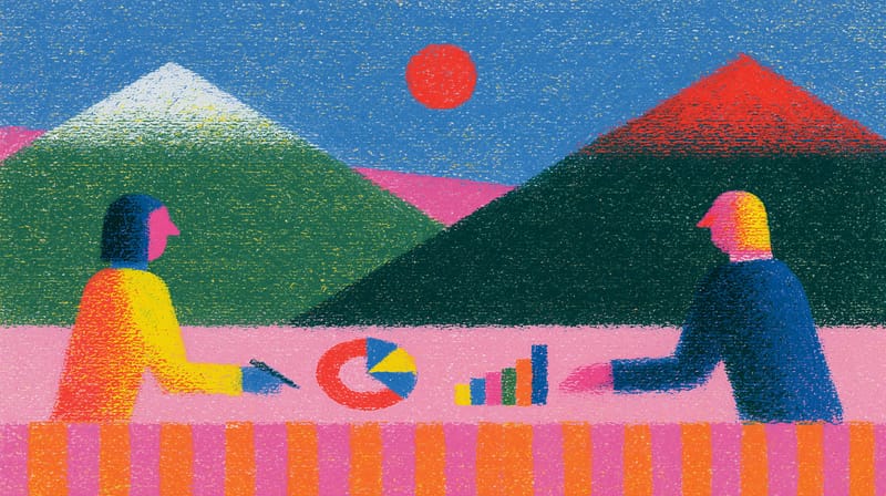 Ilustración: dos figuras a lado y lado de una mesa con gráficas de barras y de torta.