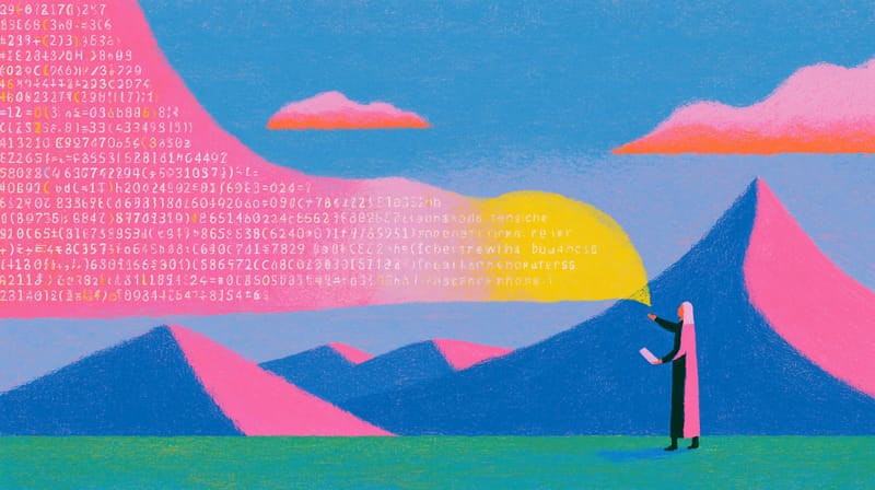 Ilustración: un muro de cifras y palabras ilegibles cierra el valle y una figura lo mira desde abajo.