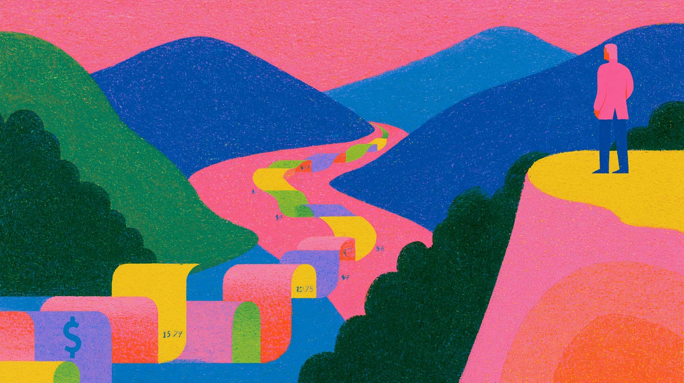 Ilustración: un río de billetes recorre un valle entre montañas y una figura lo mira desde una cima.
