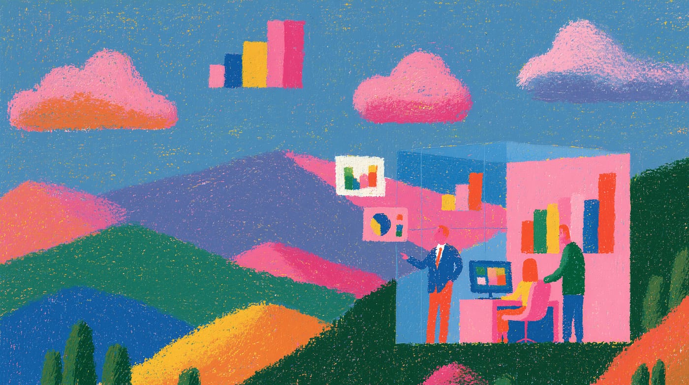 Ilustración: varias figuras frente a paneles con gráficas distintas, sobre un paisaje de montañas.