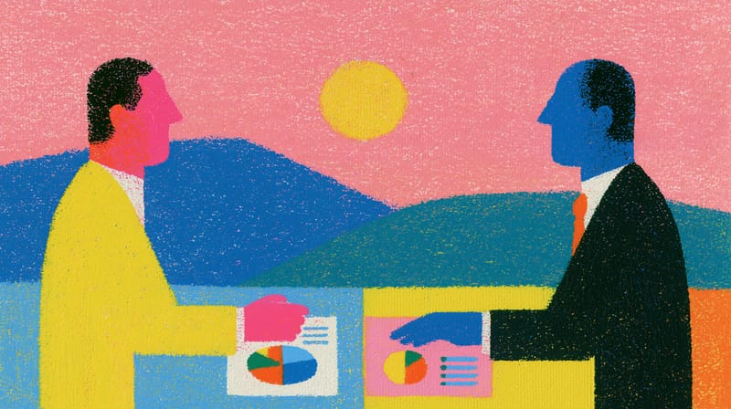 Ilustración: dos figuras sentadas una frente a otra sobre documentos con gráficas, con el sol al fondo.